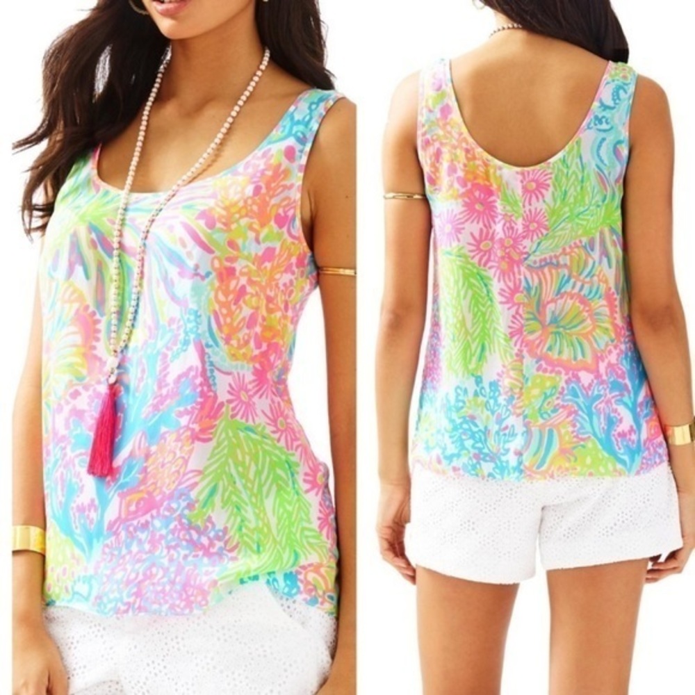 LILLY PULITZER COSMOS SLEEVELESS TANK TOP SILK PRINT BLOUSE BRIGHT SCOOP NECK